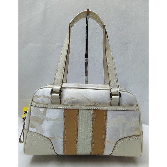 Coach Signature Cream Canvas Leather Trim Top Handle Zipper Satchel Shoulder Bag - Picture 1 of 14